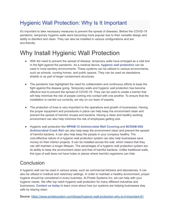 hygienic wall protection why is it important