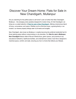 Discover Your Dream Home: Flats for Sale in New Chandigarh, Mullanpur