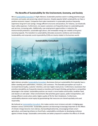The Benefits of Sustainability for the Environment, Economy, and Society