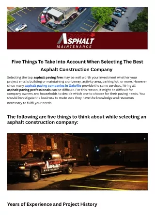 Five Things To Take Into Account When Selecting The Best Asphalt Construction Company
