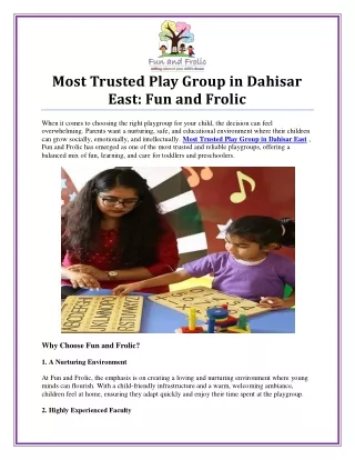 Most Trusted Play Group in Dahisar East for Early Childhood Learning