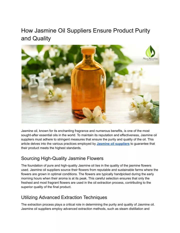 how jasmine oil suppliers ensure product purity