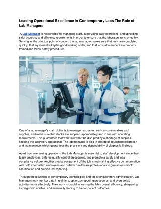 Leading Operational Excellence in Contemporary Labs The Role of Lab Managers