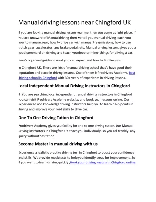 Manual driving lessons near Chingford UK