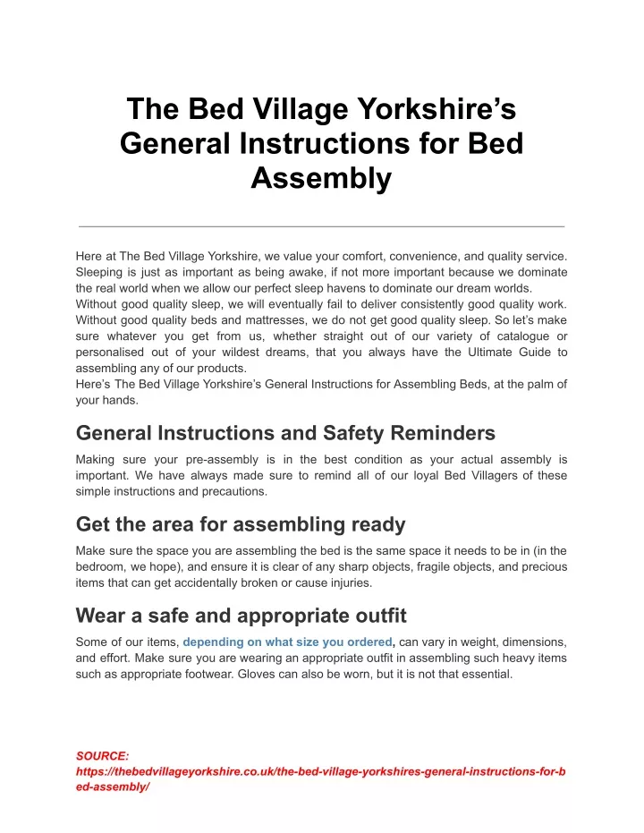 the bed village yorkshire s general instructions