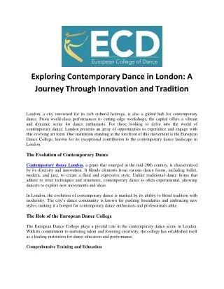 Exploring Contemporary Dance in London: A Journey Through Innovation and Traditi