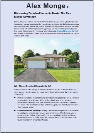 Discovering Detached Homes in Barrie: The Alex Monge Advantage