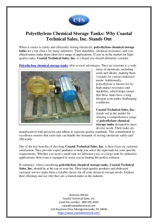 Polyethylene Chemical Storage Tanks Why Coastal Technical Sales Inc Stands Out
