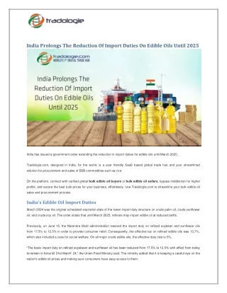 India Prolongs The Reduction Of Import Duties On Edible Oils Until 2025