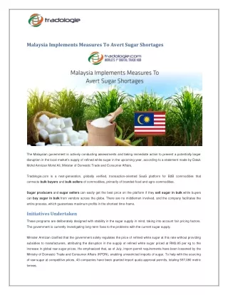 Malaysia Implements Measures To Avert Sugar Shortages
