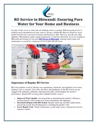 RO Service in Bhiwandi for Clean and Safe Drinking Water