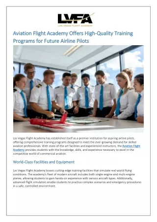 Aviation Flight Academy Offers High-Quality Training Programs for Future Airline Pilots