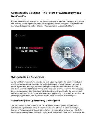 Cybersecurity Solutions - The Future of Cybersecurity in a Net-Zero Era