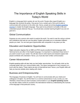 ELTIS- The Importance of English Speaking Skills in Today's World