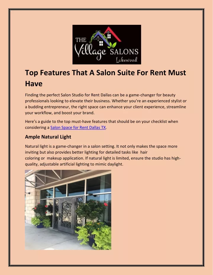 top features that a salon suite for rent must have