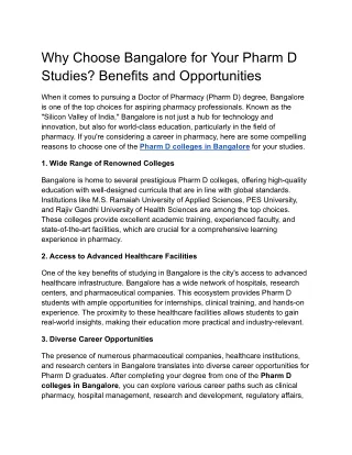 Why Choose Bangalore for Your Pharm D Studies