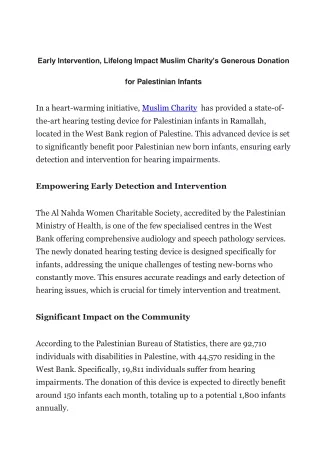 Early Intervention, Lifelong Impact Muslim Charity’s Generous Donation for Pales