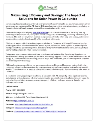 Maximizing Efficiency and Savings-The Impact of Solutions for Solar Power in Caloundra