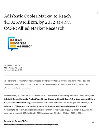 Adiabatic Cooler Market to Reach $1,025.9 Million, by 2032 at 4.9% CAGR_ Allied Market Research