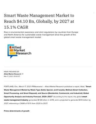 Smart Waste Management Market to Reach $4.10 Bn, Globally, by 2027 at 15.1% CAGR