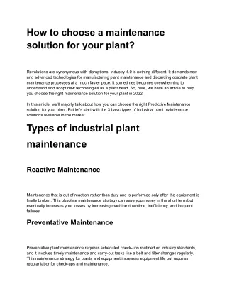 How to choose a maintenance solution for your plant