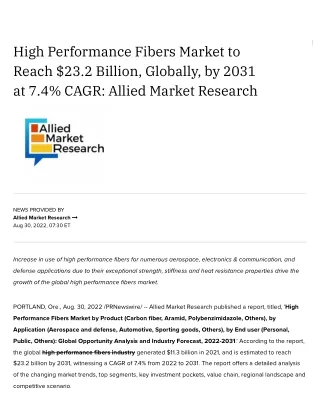 High Performance Fibers Market to Reach $23.2 Billion, Globally, by 2031 at 7.4% CAGR_ Allied Market Research