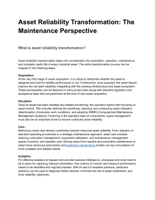 Asset Reliability Transformation_ The Maintenance Perspective
