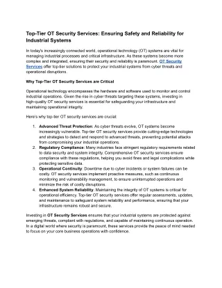 Top-Tier OT Security Services: Ensuring Safety and Reliability for Industrial Sy