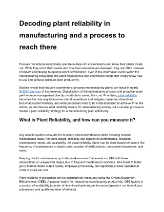Decoding plant reliability in manufacturing and a process to reach there