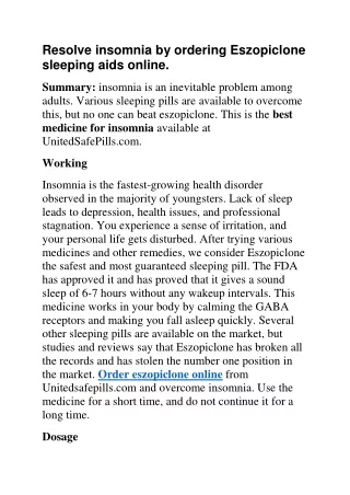 Resolve insomnia by ordering Eszopiclone sleeping aids online