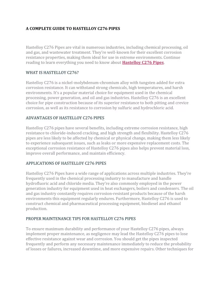 a complete guide to hastelloy c276 pipes