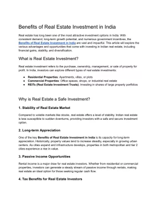 Benefits of Real Estate Investment in India