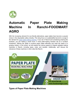 Automatic Paper Plate Making Machine In Ranchi-FOODMART AGRO