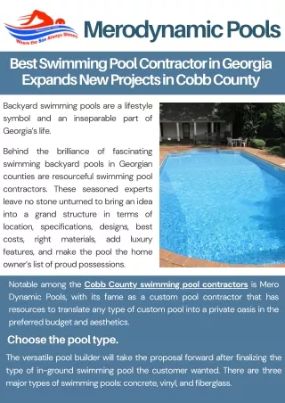 Best Swimming Pool Contractor in Georgia Expands New Projects in Cobb County