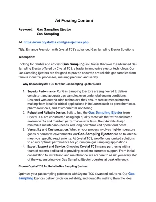 Enhance Precision with Crystal TCS's Advanced Gas Sampling Ejector Solutions