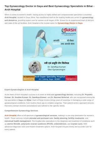 Top Gynaecology Doctor in Gaya and Best Gynaecology Specialists in Bihar - Arsh Hospital