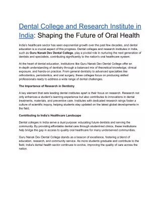 Dental College and Research Institute in India:Shaping the Future of Oral Health