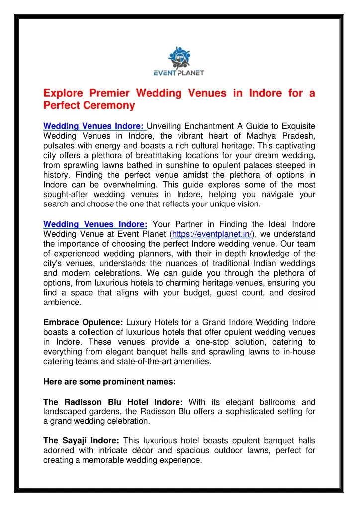 explore premier wedding venues in indore