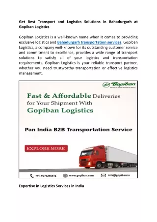 Get Best Transport and Logistics Solutions in Bahadurgarh at Gopiban Logistics