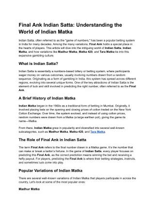 Final Ank Indian Satta: Understanding the World of Indian Matka