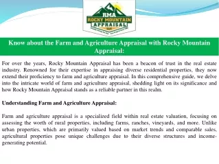 Know about the Farm and Agriculture Appraisal with Rocky Mountain Appraisal: