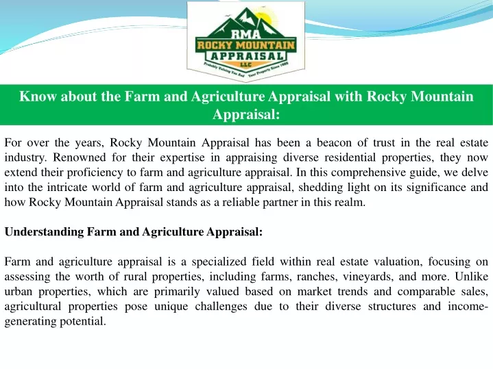 know about the farm and agriculture appraisal