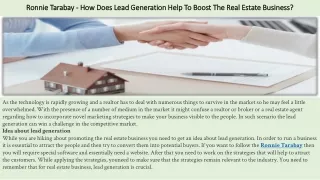 Ronnie Tarabay - How Does Lead Generation Help To Boost The Real Estate Busines