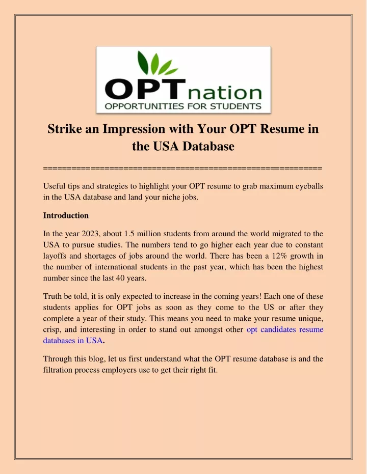 strike an impression with your opt resume