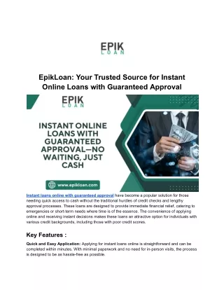 EpikLoan: Instant Approval for Online Loans Guaranteed, No Credit Worries!