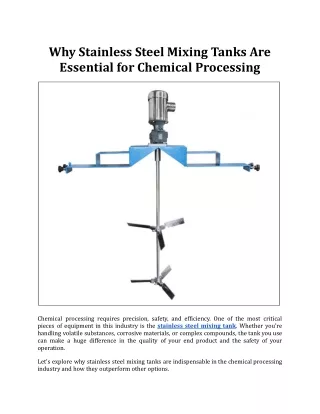 Why Stainless Steel Mixing Tanks Are Essential for Chemical Processing