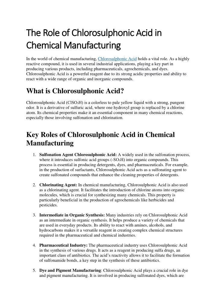 the role of chlorosulphonic acid in the role