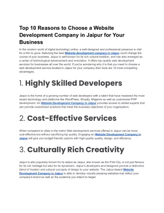 Top 10 Reasons to Choose a Website Development Company in Jaipur for Your Business