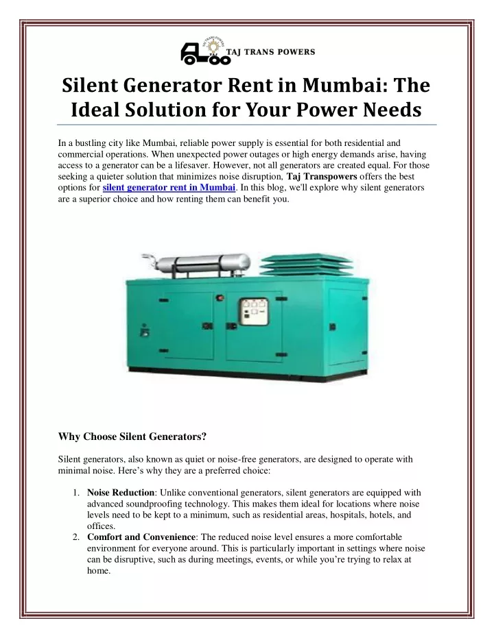 silent generator rent in mumbai the ideal