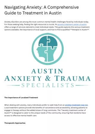 Navigating Anxiety A Comprehensive Guide to Treatment in Austin